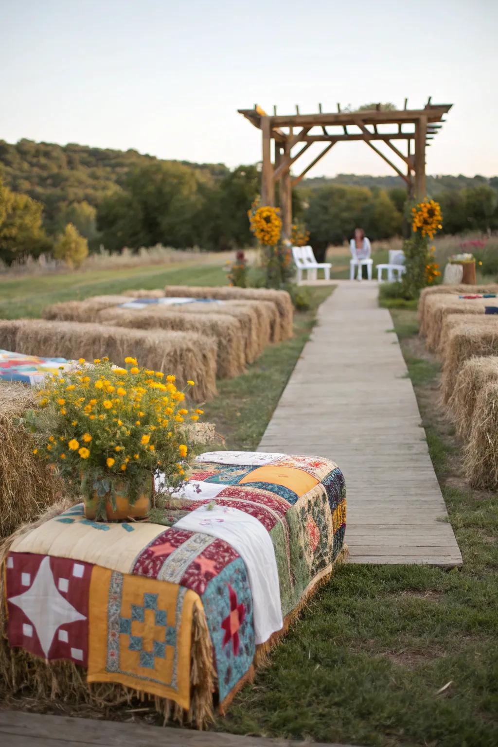 Hay bales add rustic charm and comfort to your wedding setup.