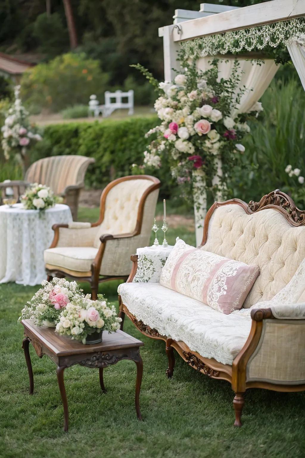Vintage seating adds charm and elegance to any ceremony.