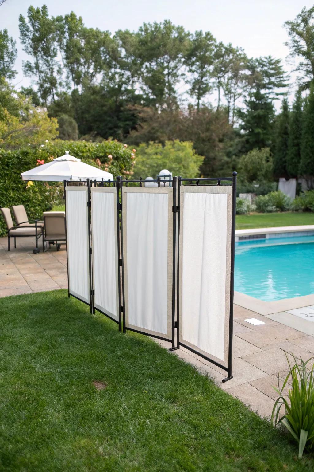 Portable screens provide flexible and stylish options for concealing pool equipment.