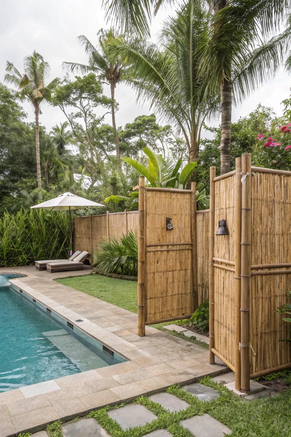 Bamboo screens add a tropical vibe while discreetly hiding pool equipment.