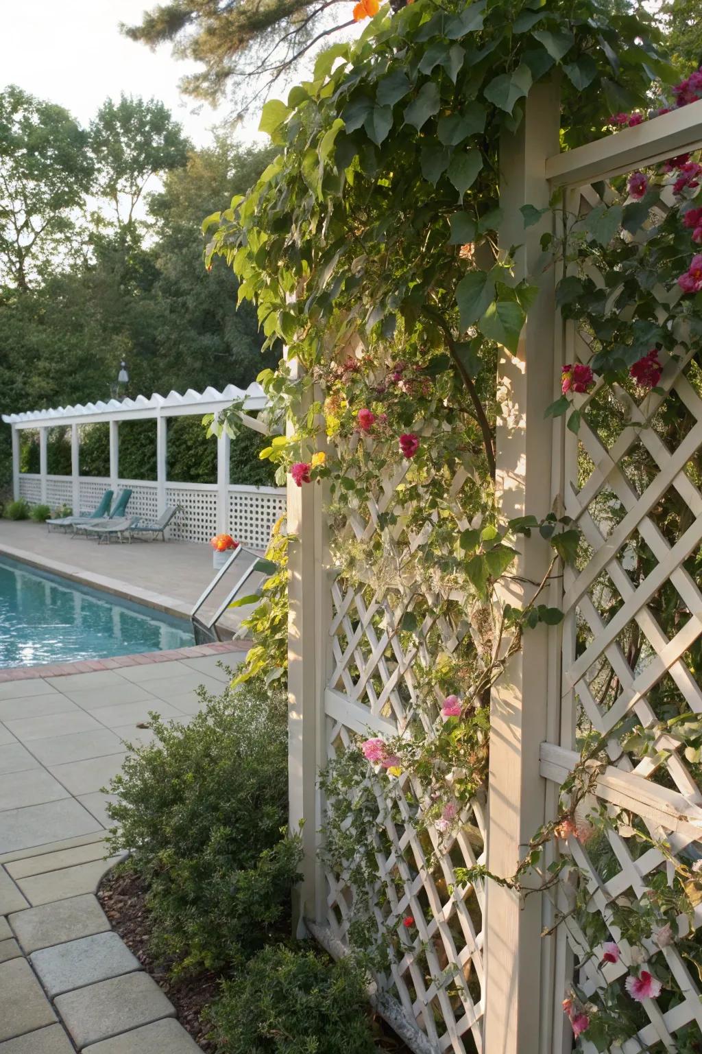 Decorative fencing transforms your pool equipment area into a charming garden feature.