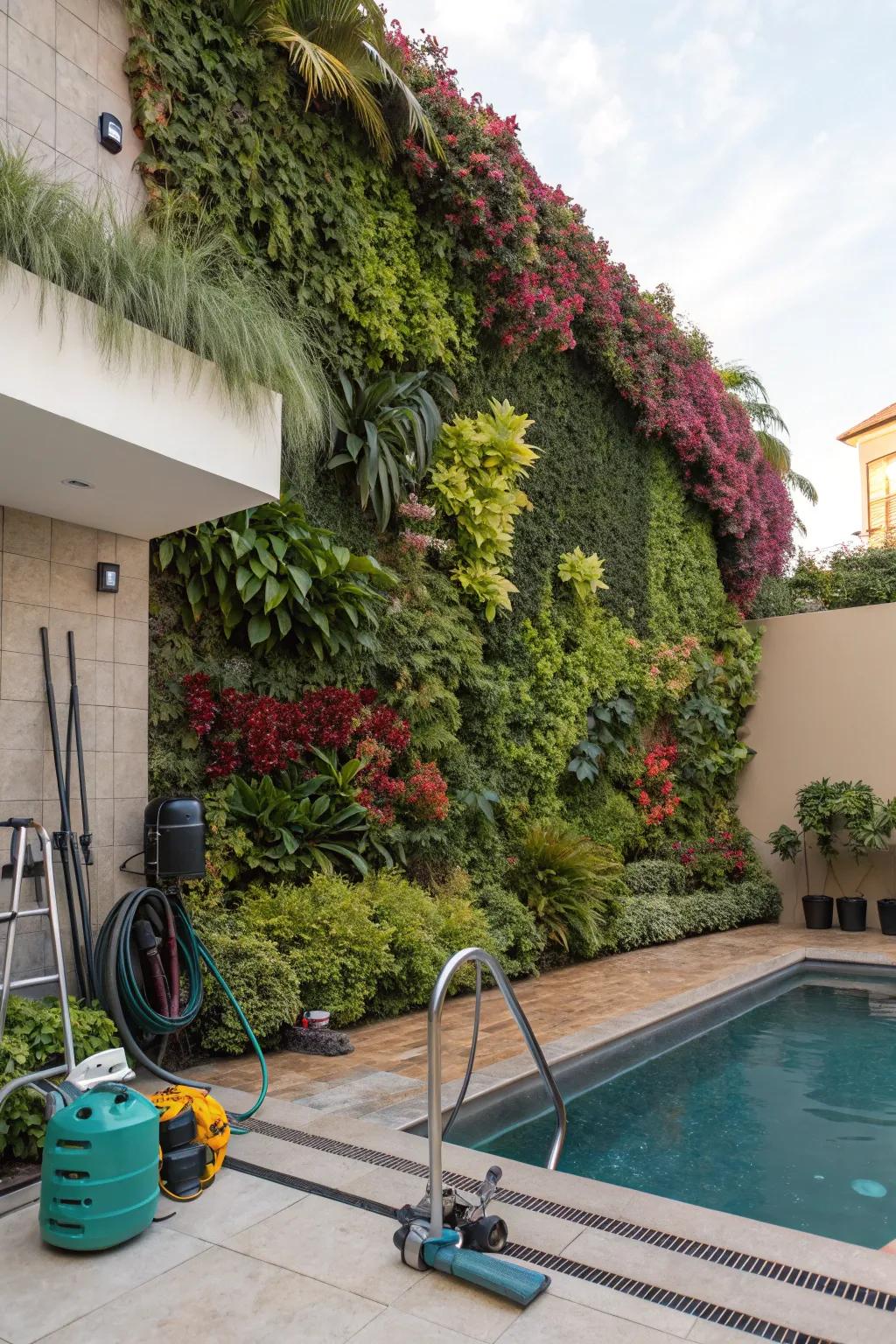 Vertical gardens offer a living, dynamic way to conceal pool equipment.