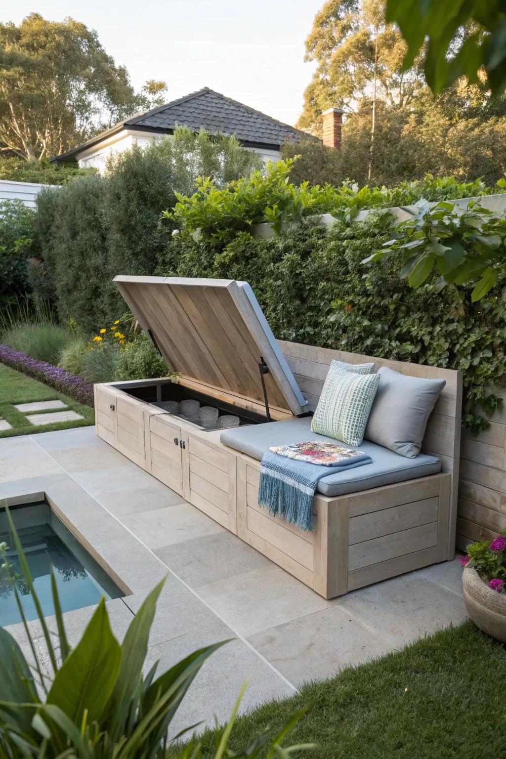 Outdoor furniture offers a dual purpose: seating and pool equipment concealment.