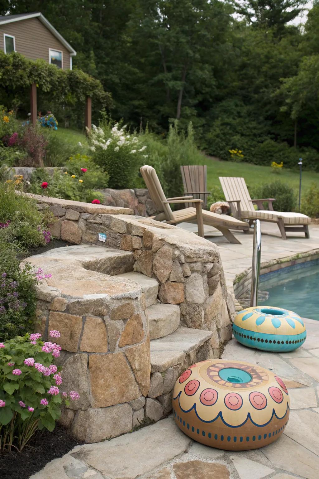 Creative paint jobs make pool equipment blend seamlessly into the garden.