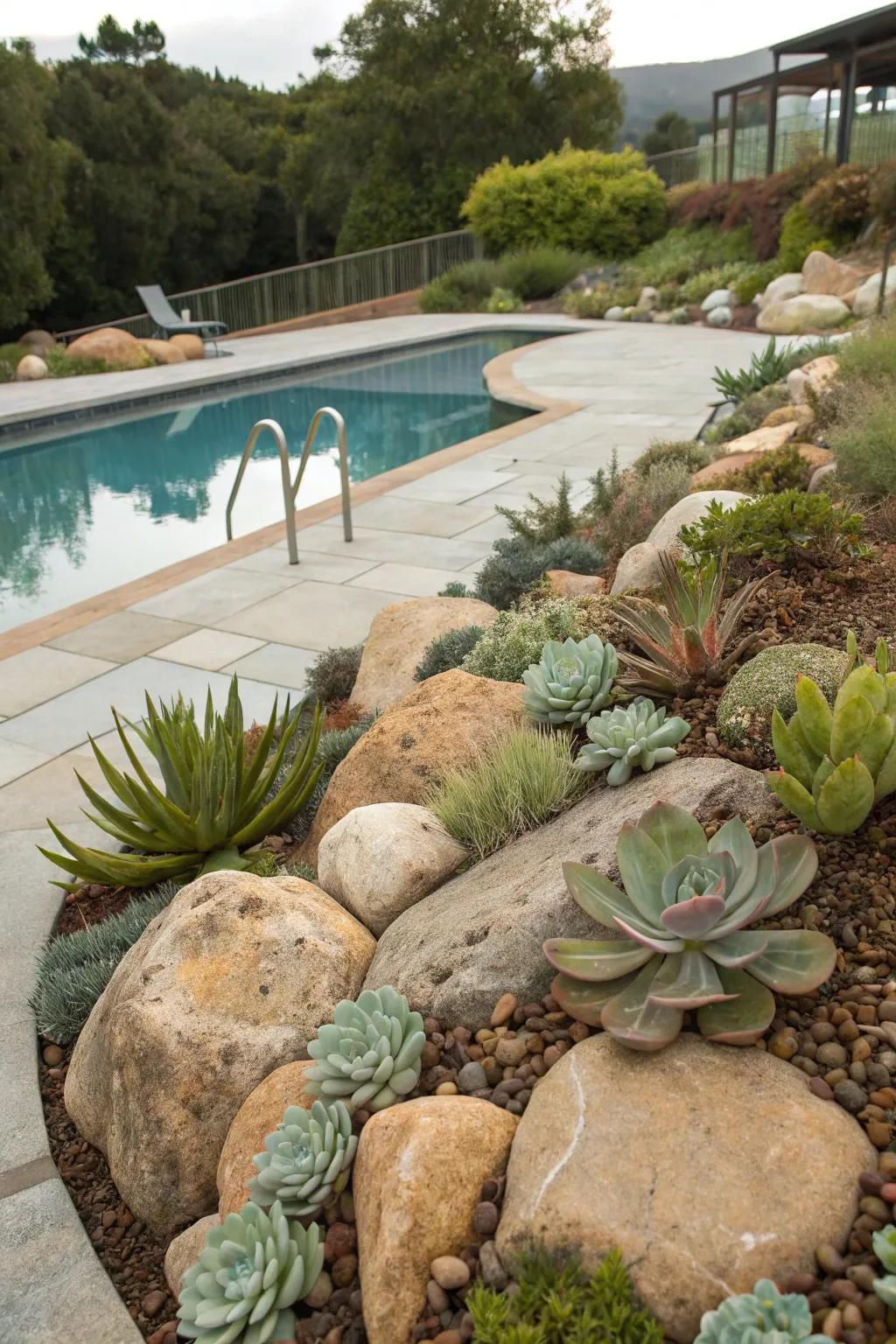 Rock gardens provide a natural and serene way to hide pool equipment.