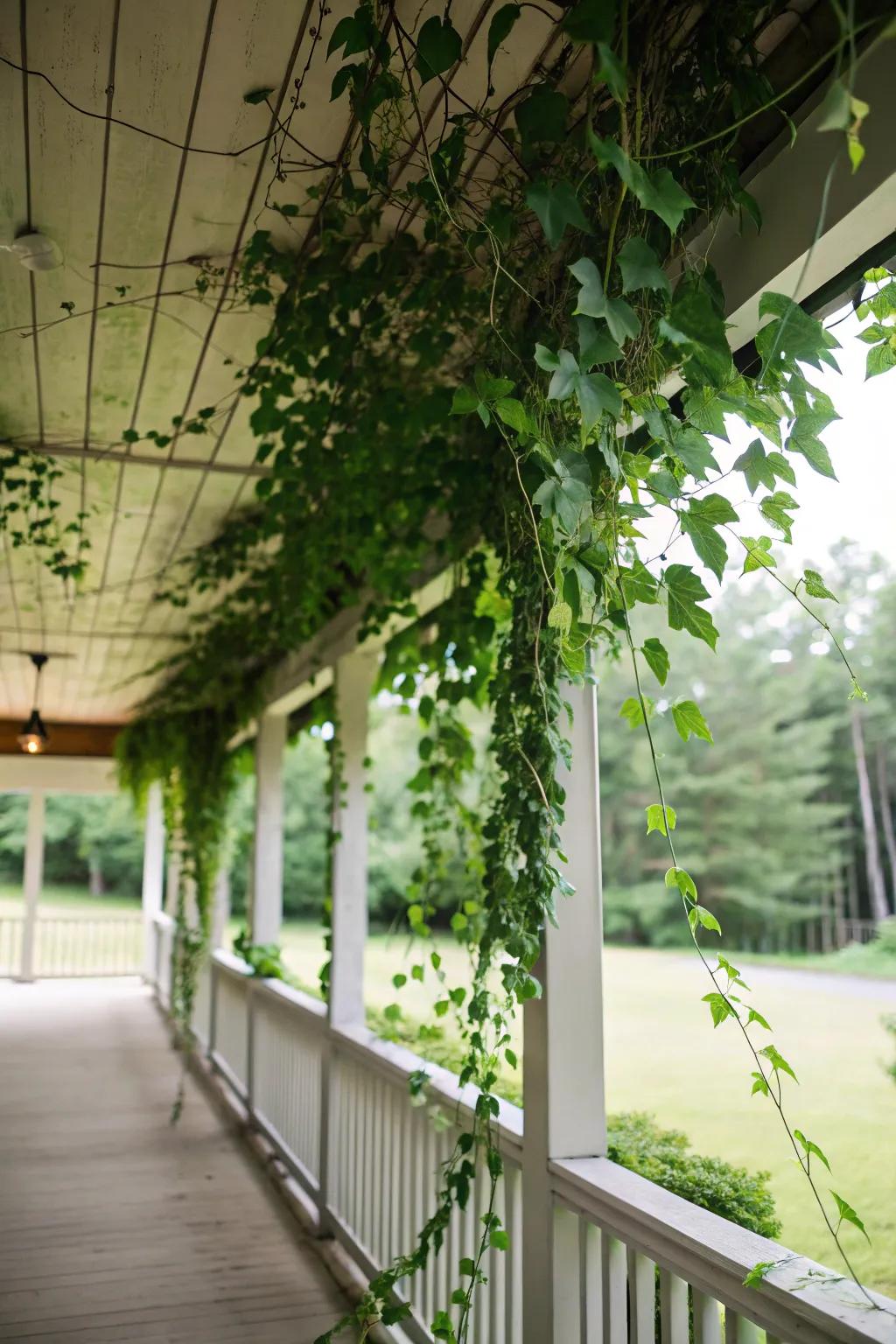 Green vines create a lush, garden-like ceiling.
