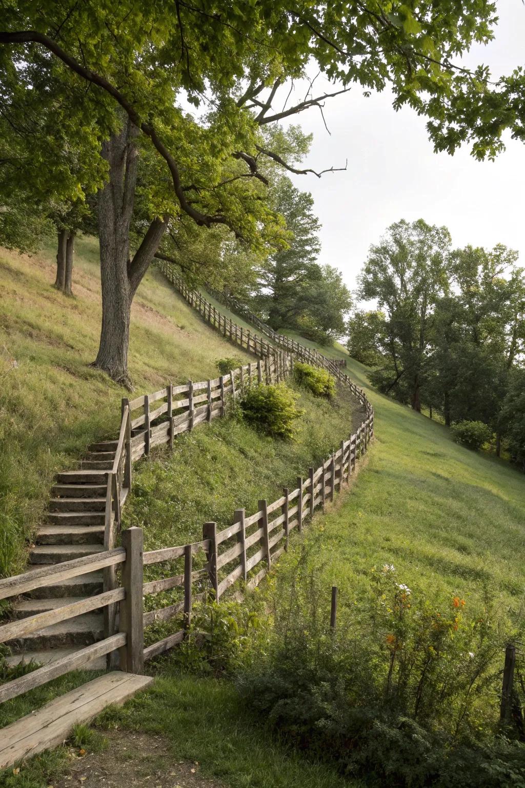 Stepped wood fences offer both functionality and charm on slopes.