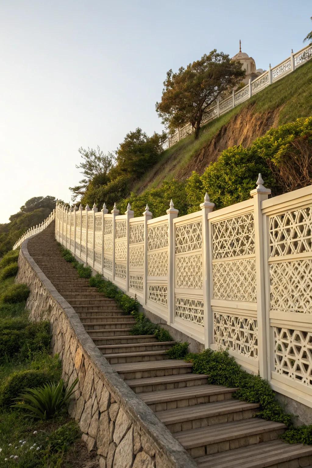 Decorative panels add sophistication to sloped fences.