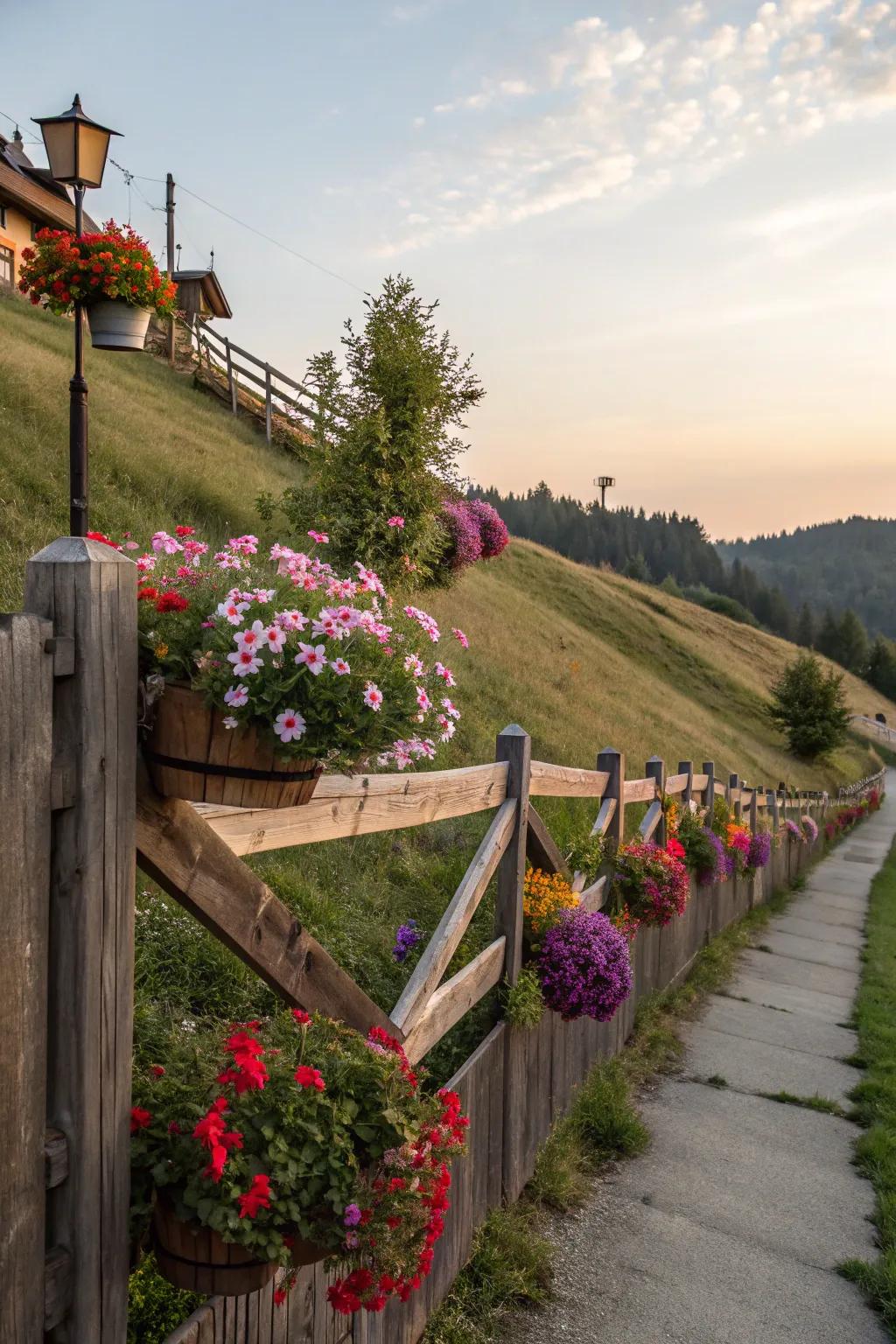 Planters on fences bring color and life to slopes.