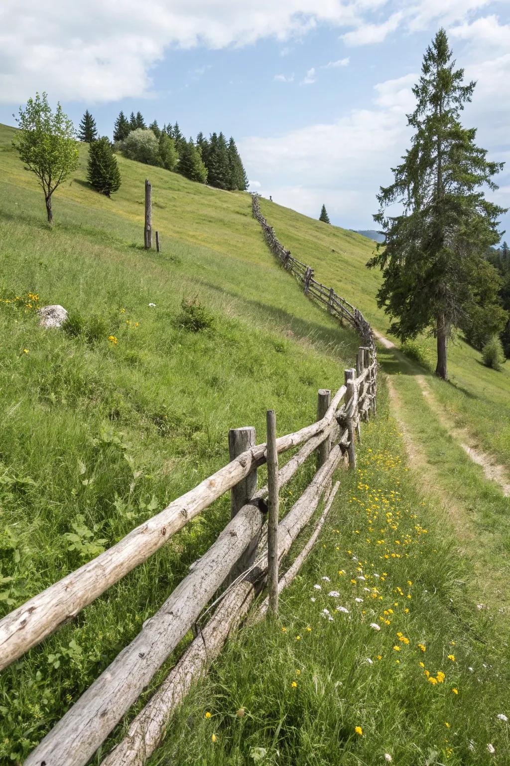 Sloping log fences maintain views while adding rustic charm.
