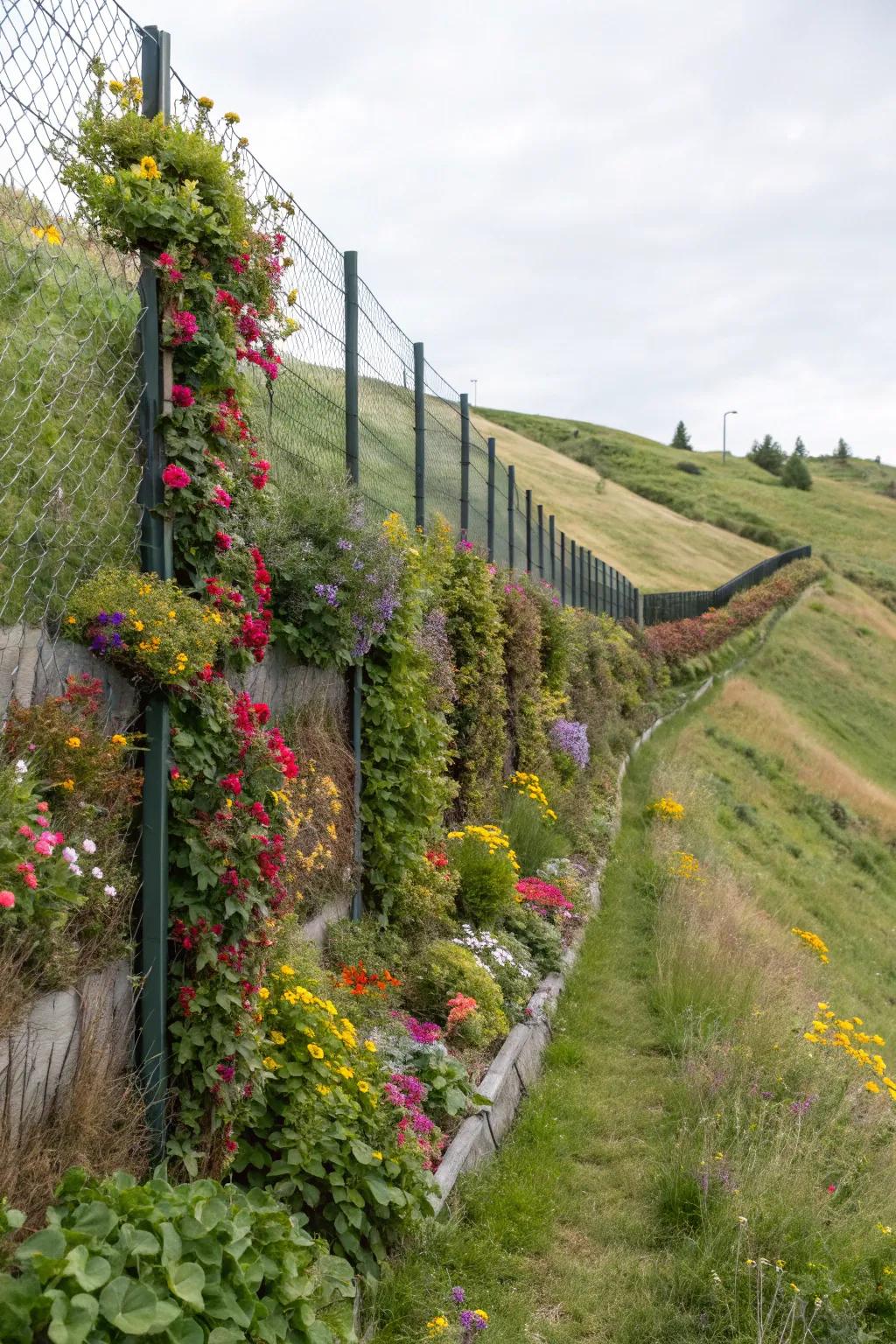 Vertical gardens on fences add greenery and charm.