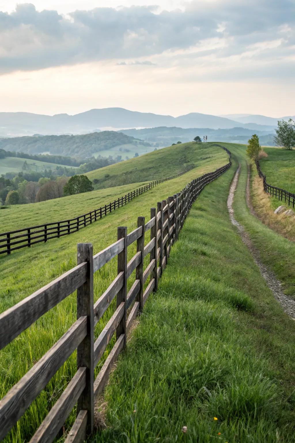 Sloping rail fences offer simplicity and elegance.