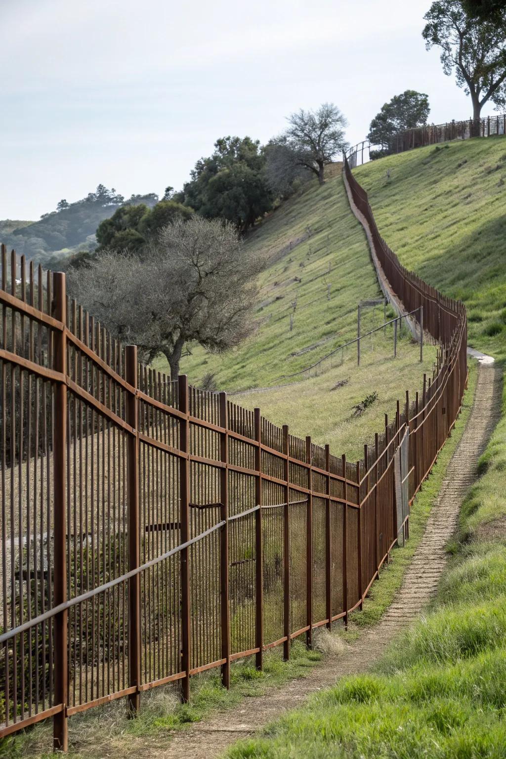 Sloping metal fences combine strength and modern aesthetics.