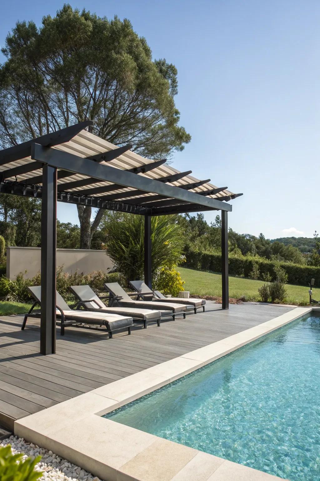 A stylish poolside retreat with a half pergola for shade.