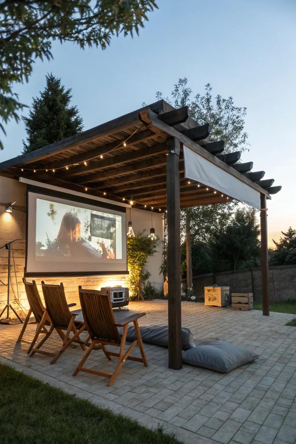 An enchanting outdoor cinema under a half pergola.