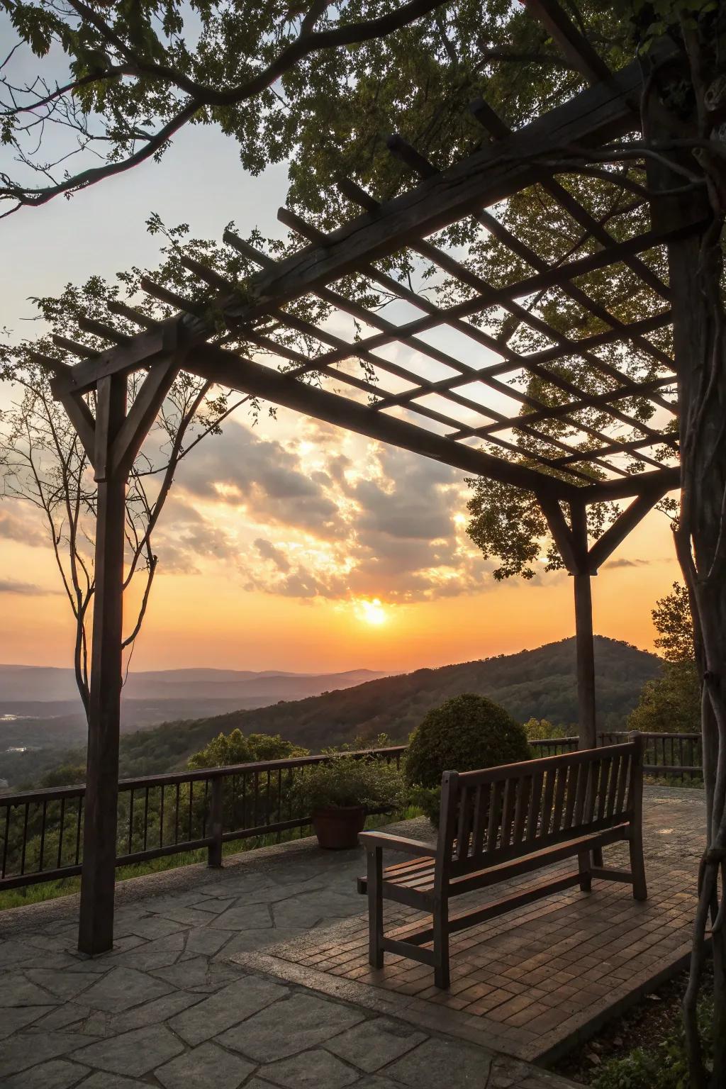 A scenic sunset viewing deck under a half pergola.