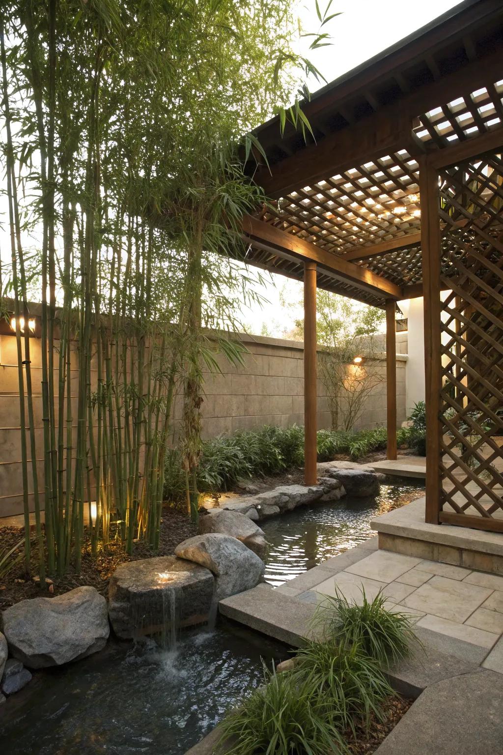 A meditative Zen corner under a half pergola for relaxation.