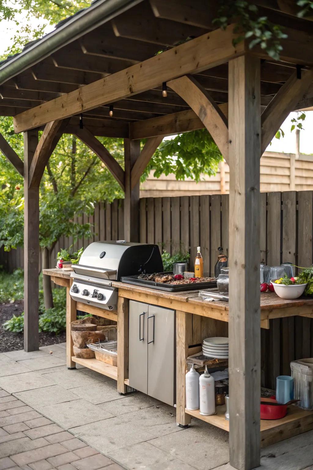 A rustic BBQ area under a half pergola for outdoor cooking enthusiasts.