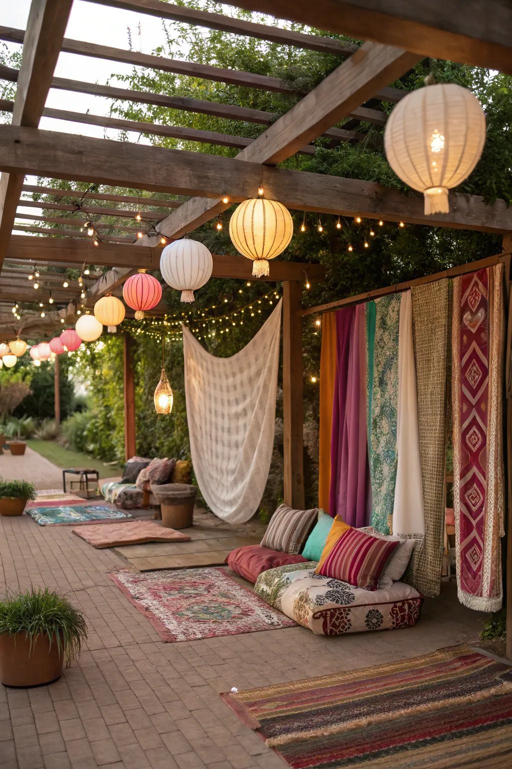 A vibrant bohemian escape under a half pergola.