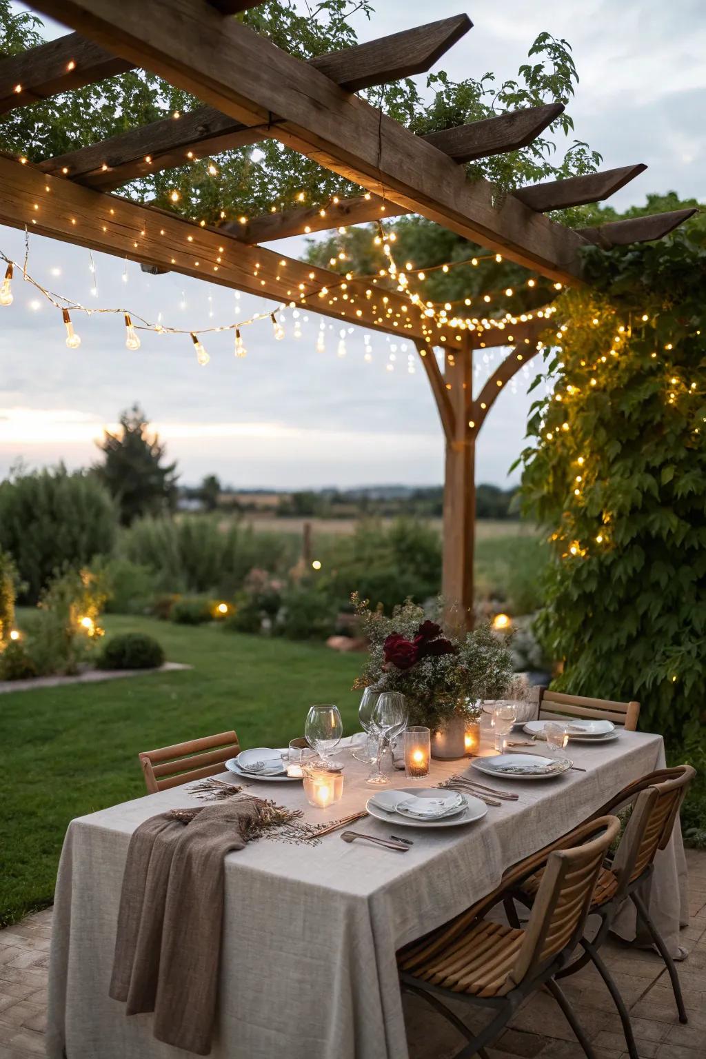 A half pergola sets the stage for intimate alfresco dining.