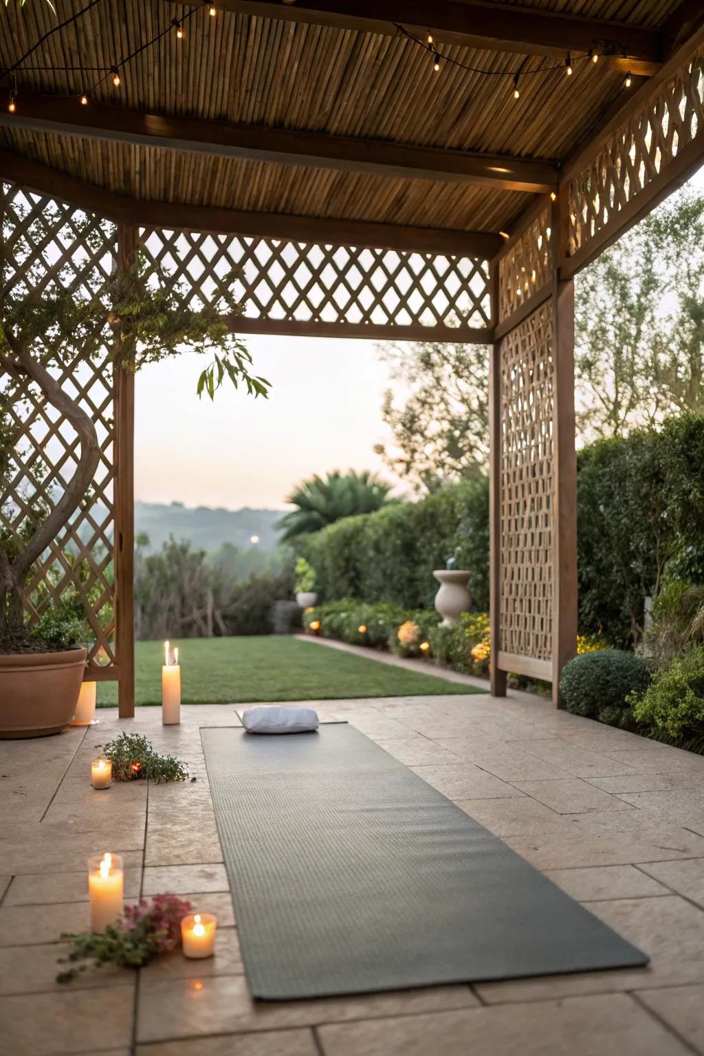 A peaceful yoga sanctuary under a half pergola.