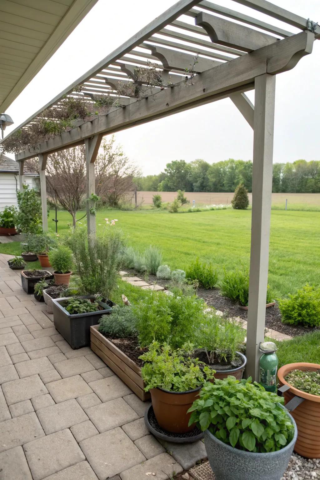 A charming herb garden spot under a half pergola.
