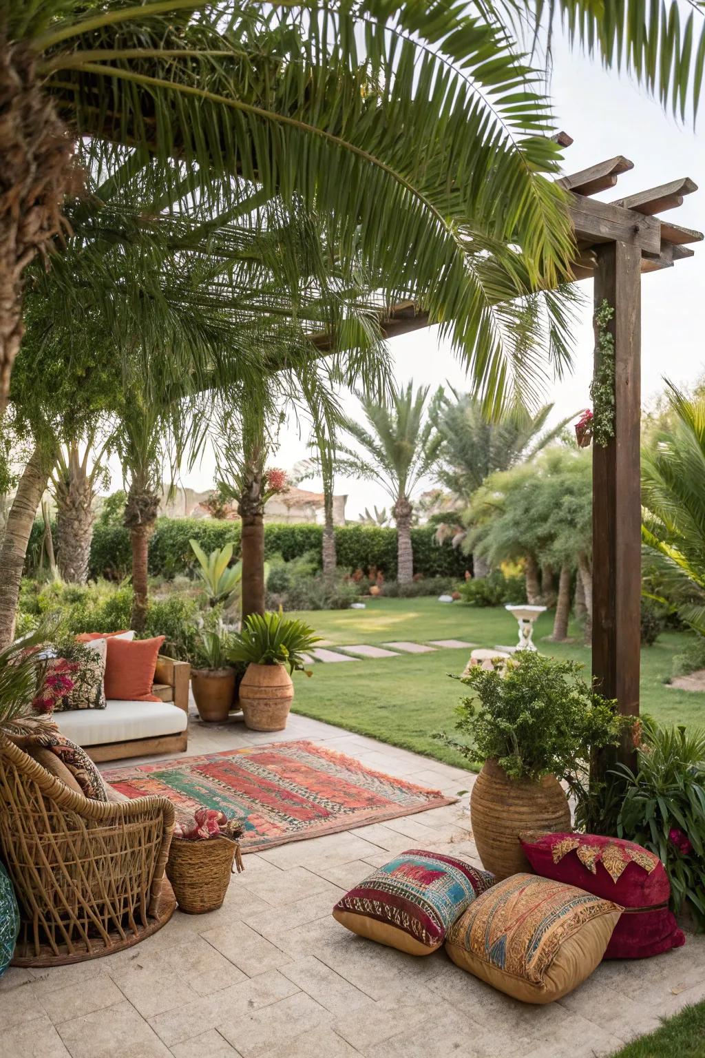 A tropical paradise under a half pergola.