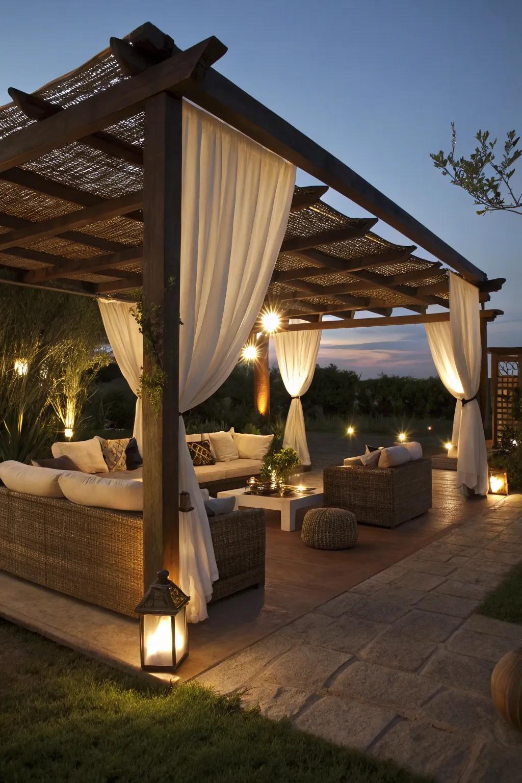 An inviting evening lounge under a half pergola.