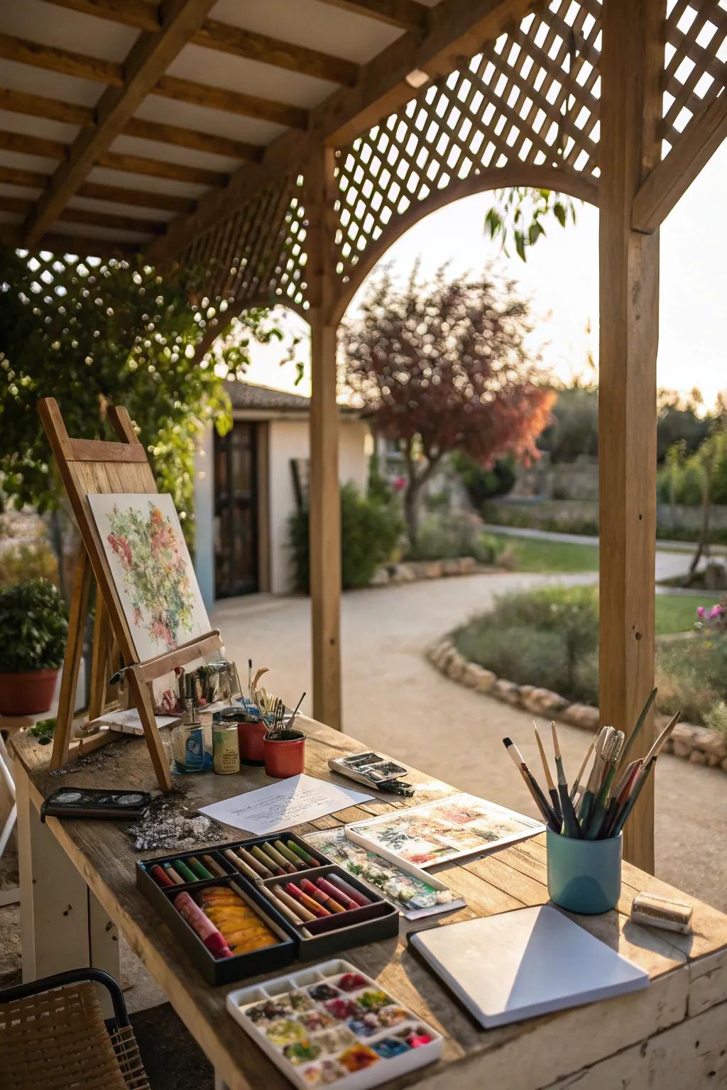 An outdoor artistic workspace under a half pergola.