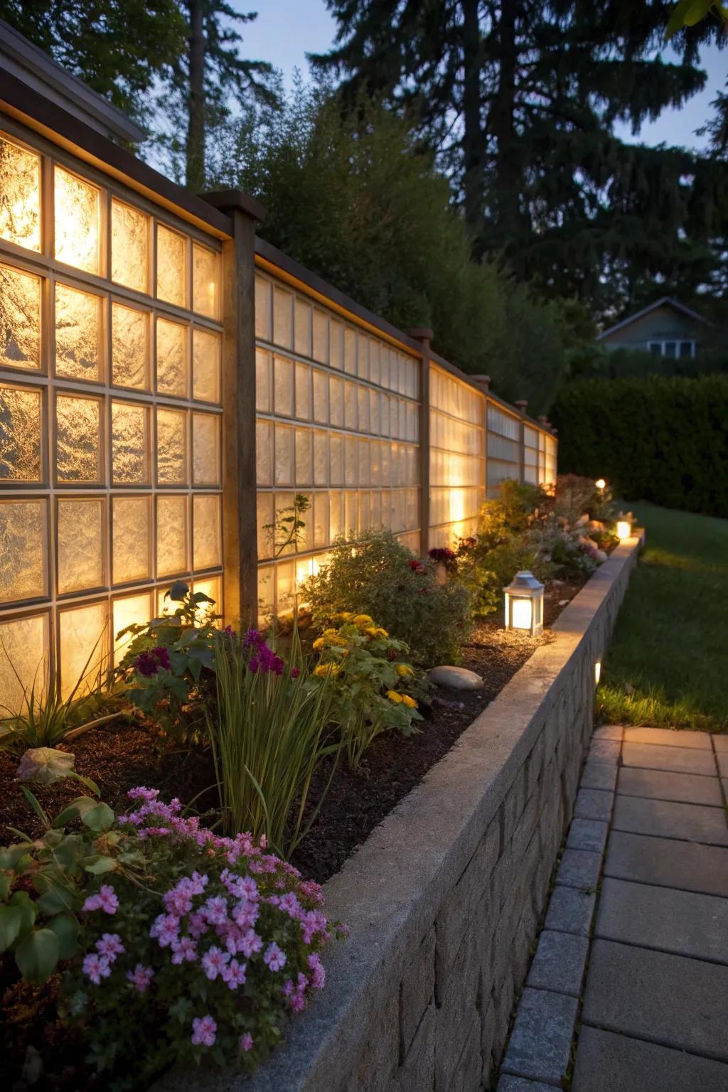 Create a magical atmosphere with illuminated garden walls.