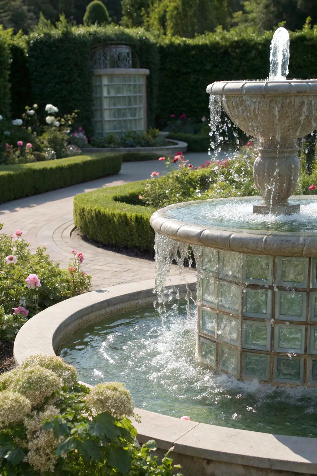 Glass blocks elevate the elegance of a garden water feature.