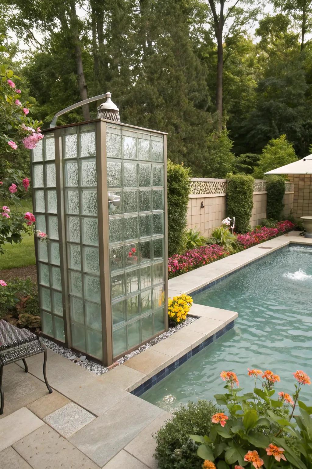 Enjoy the luxury of an outdoor shower with glass blocks.