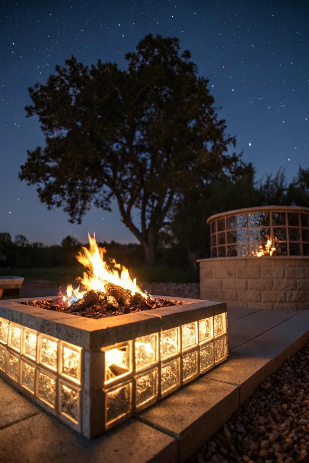 Enhance your fire pit with reflective glass block accents.