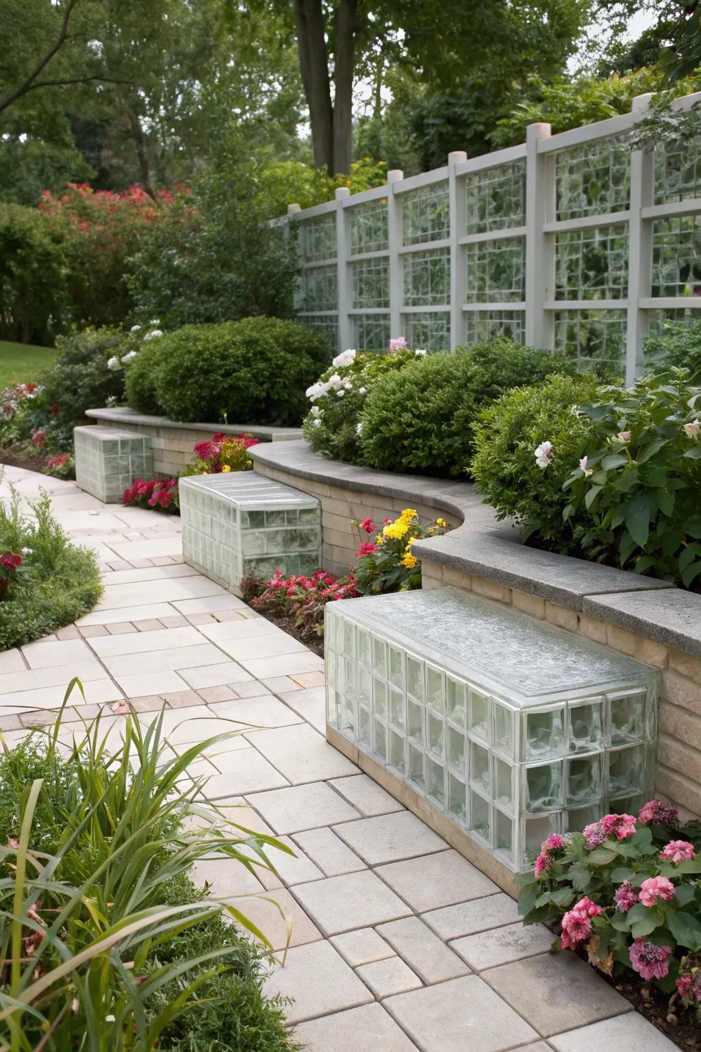 Relax in style with garden benches made of glass blocks.