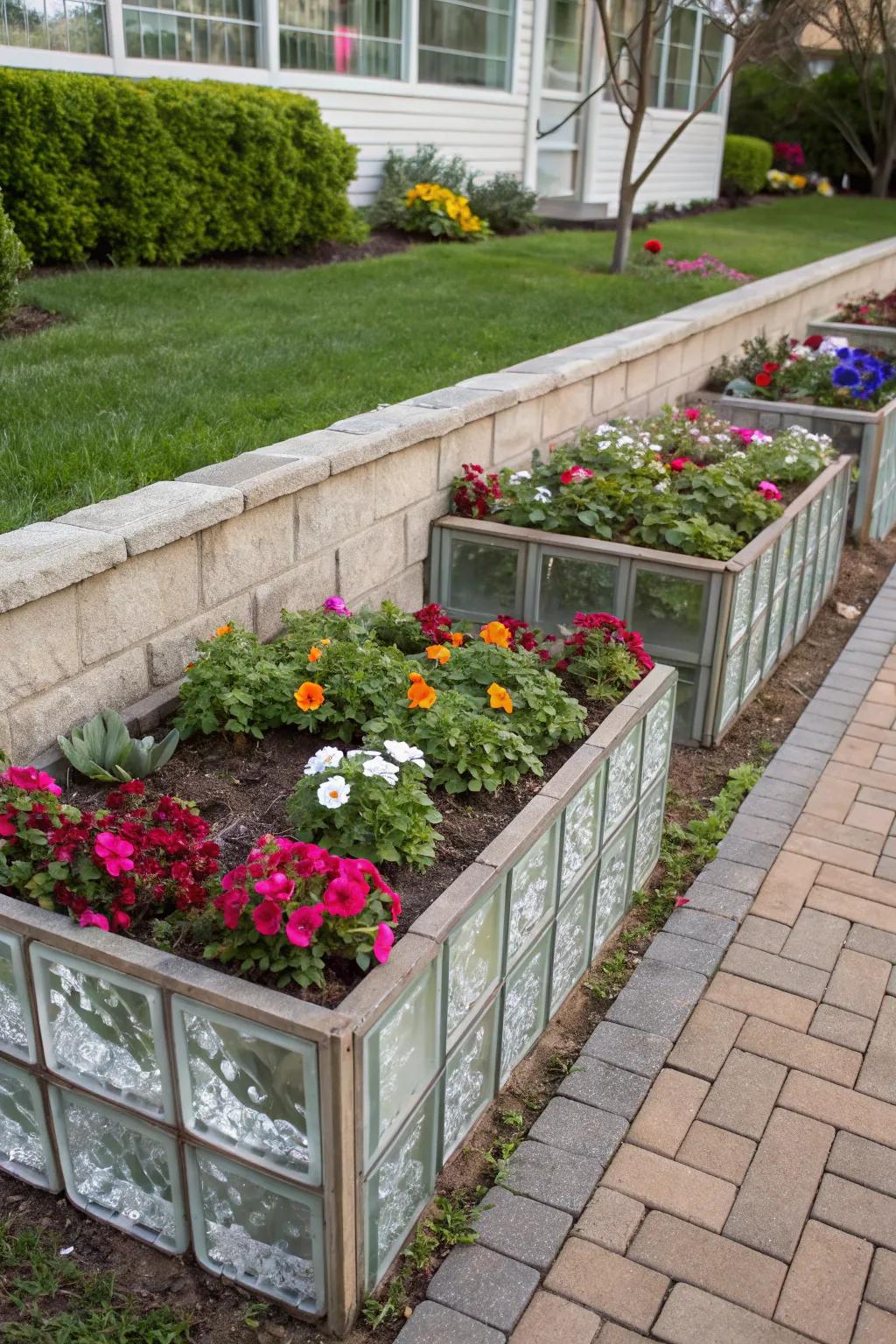 Define flower beds with elegant glass block borders.