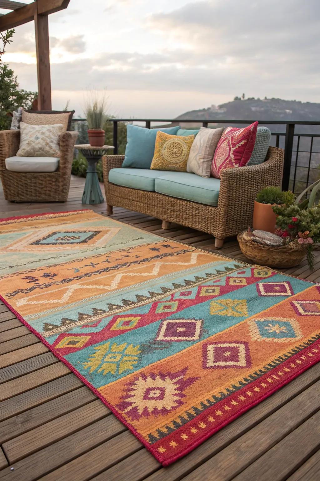 Add color and comfort with outdoor rugs.