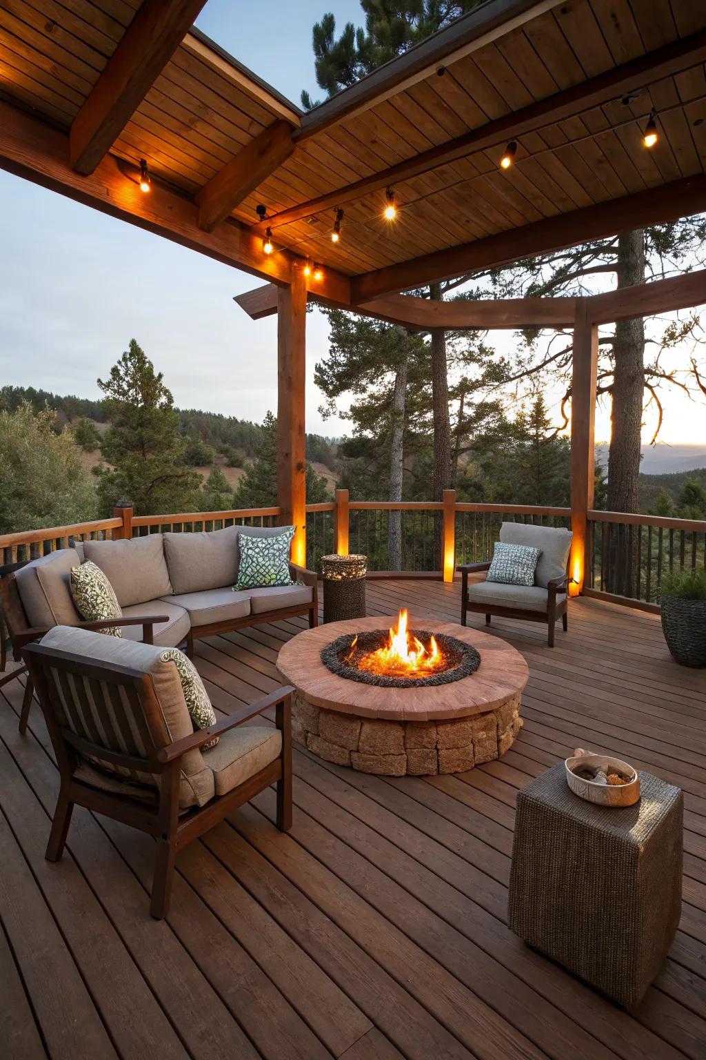 A fire pit creates a warm and inviting gathering spot.