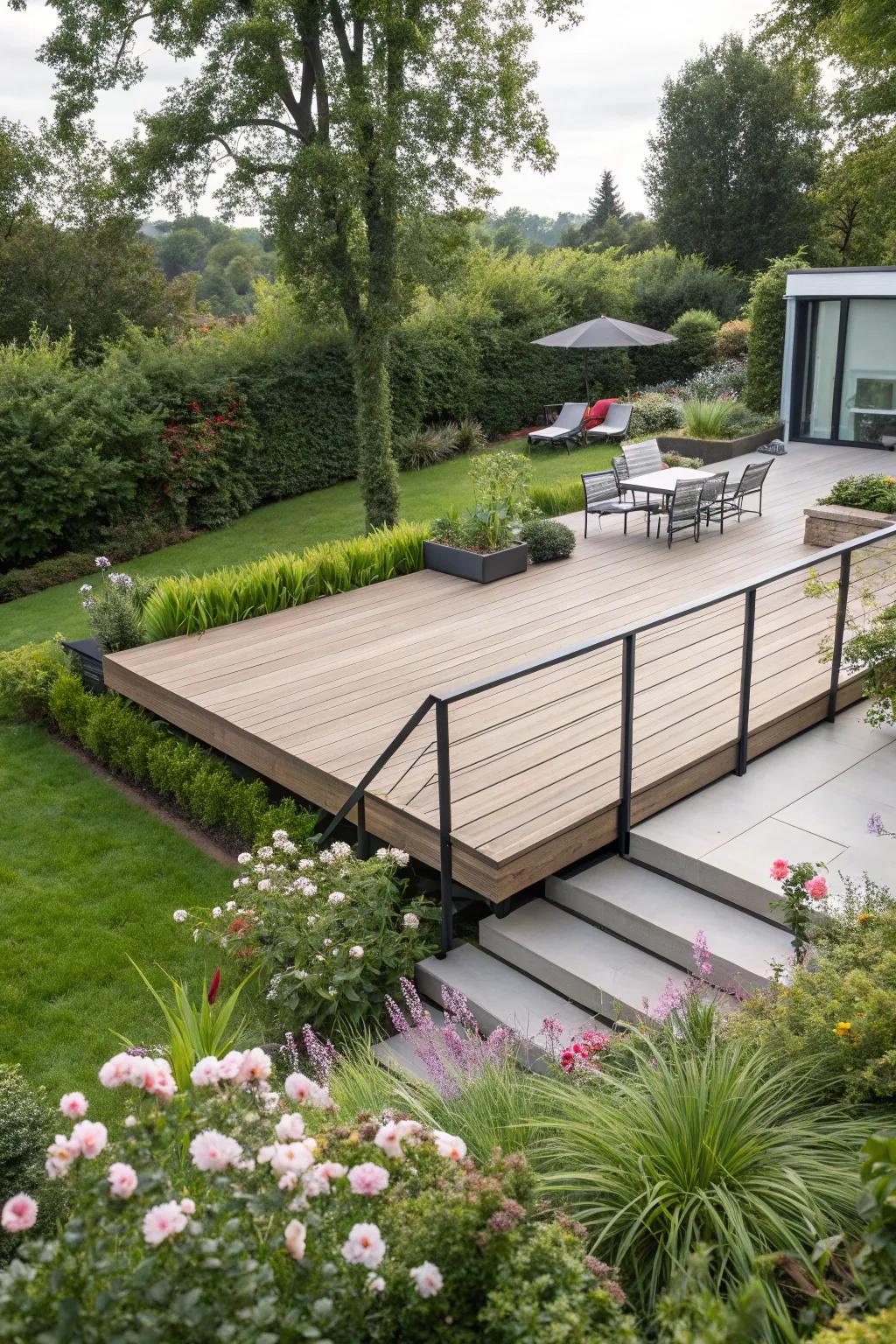 A floating deck offers a sleek, modern aesthetic.