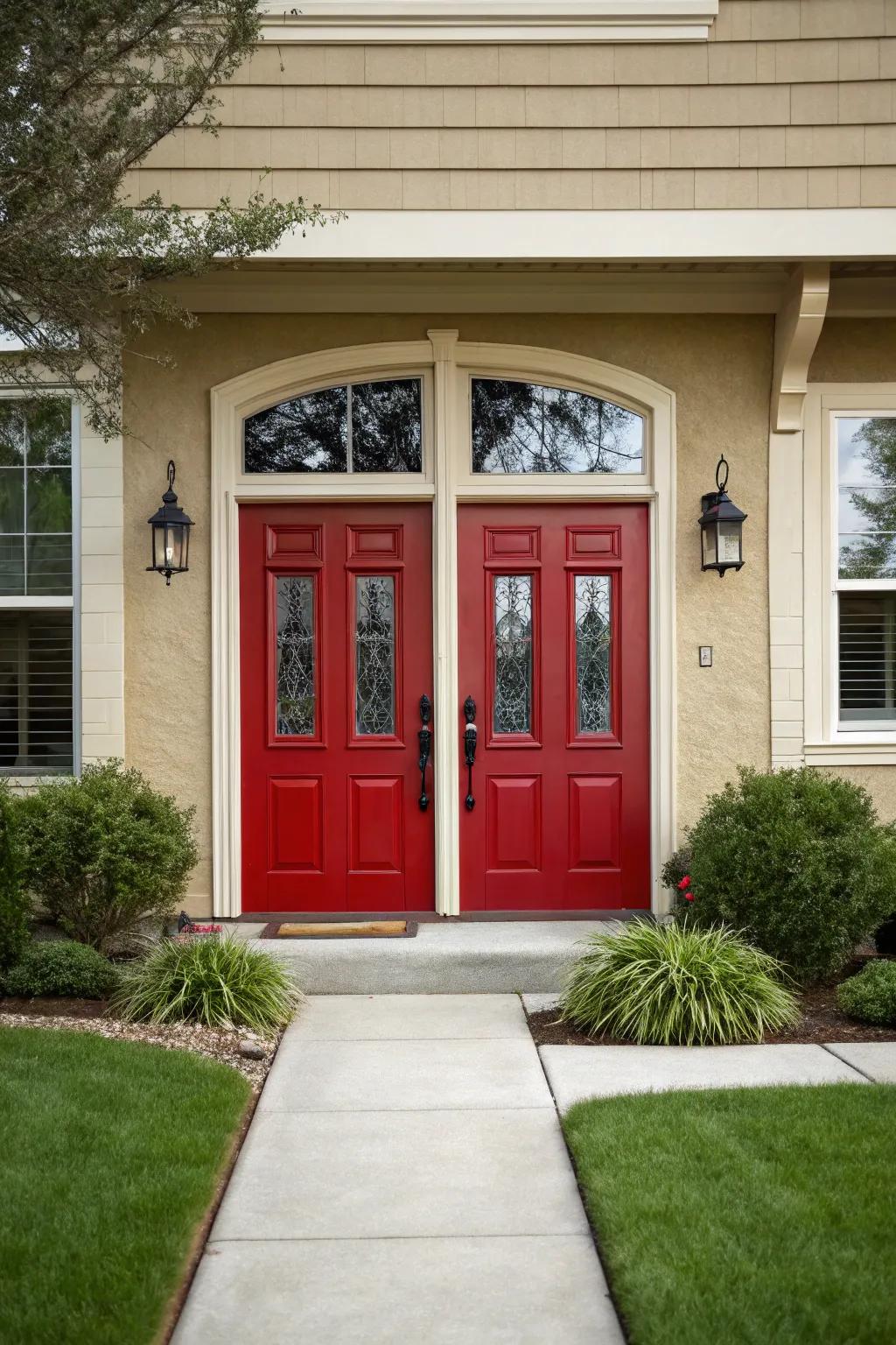 Boldly colored double doors create striking contrast against the home’s neutral exterior.