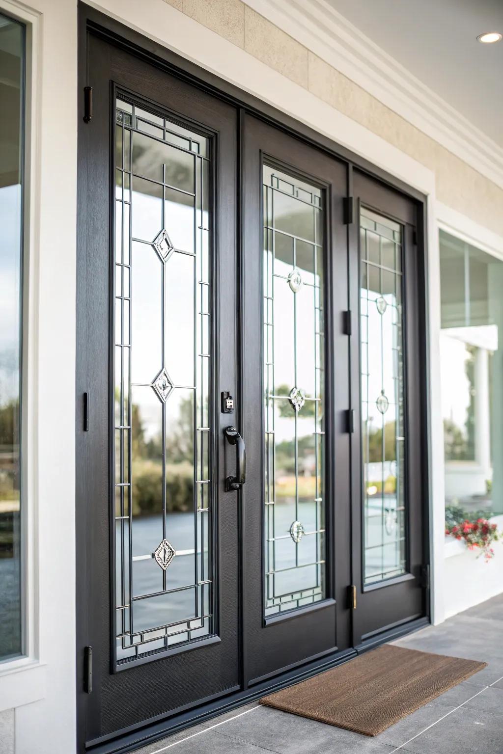 Modern double doors with glass inserts allow natural light to brighten the entryway.