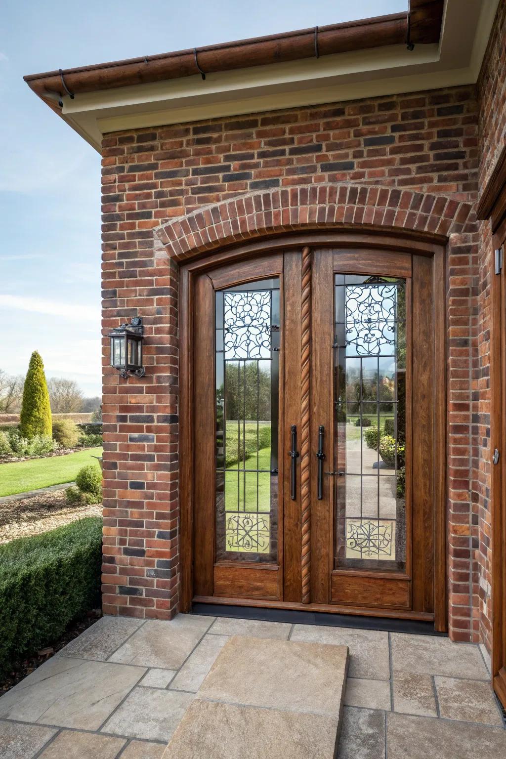 Textured elements like brick and wood add depth to the double front porch.