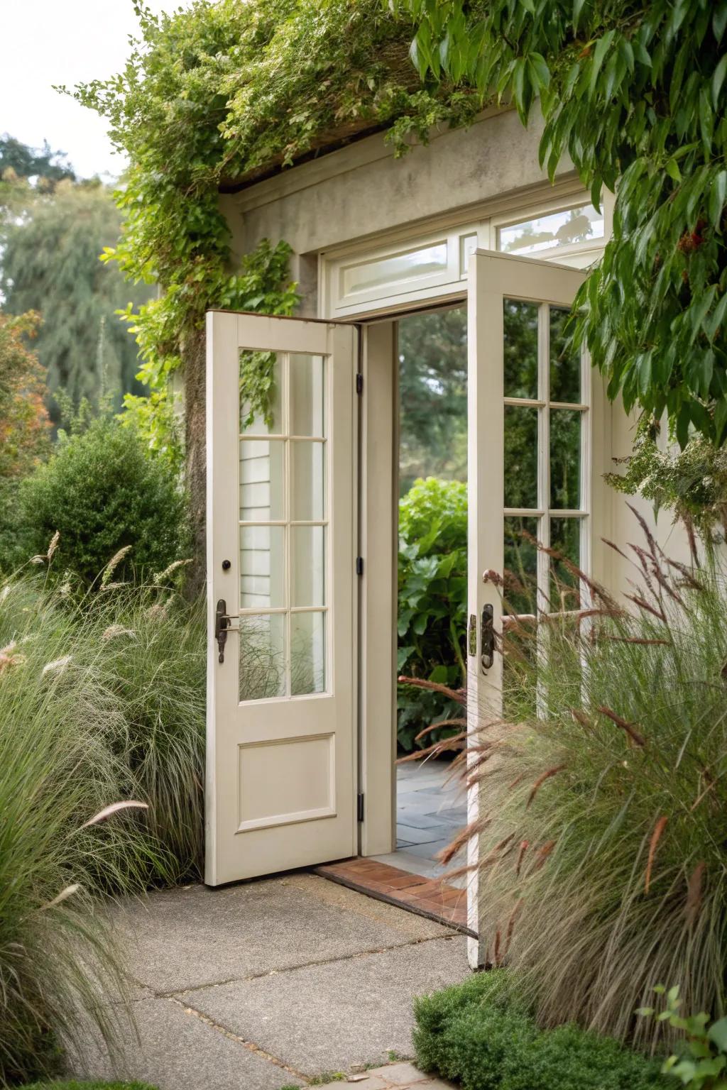 Eco-friendly native plants flank the double front doors, enhancing the porch’s natural charm.