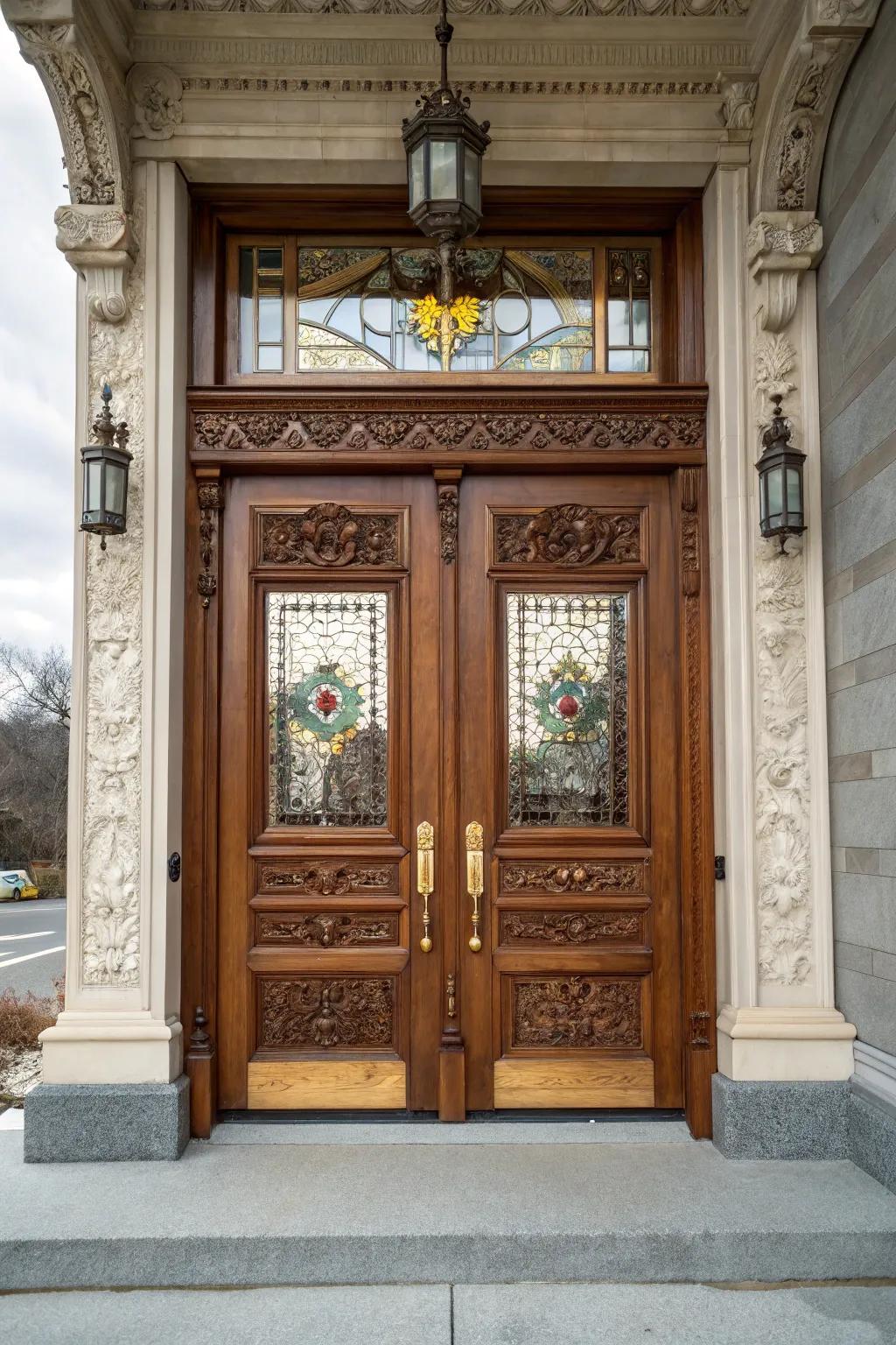 Transom windows above the double doors add architectural interest and light.