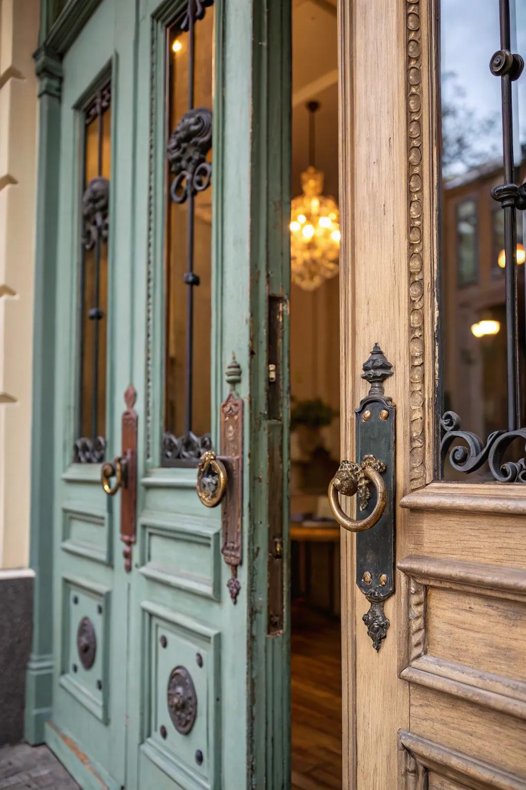 Unique vintage hardware adds character and charm to the double front doors.