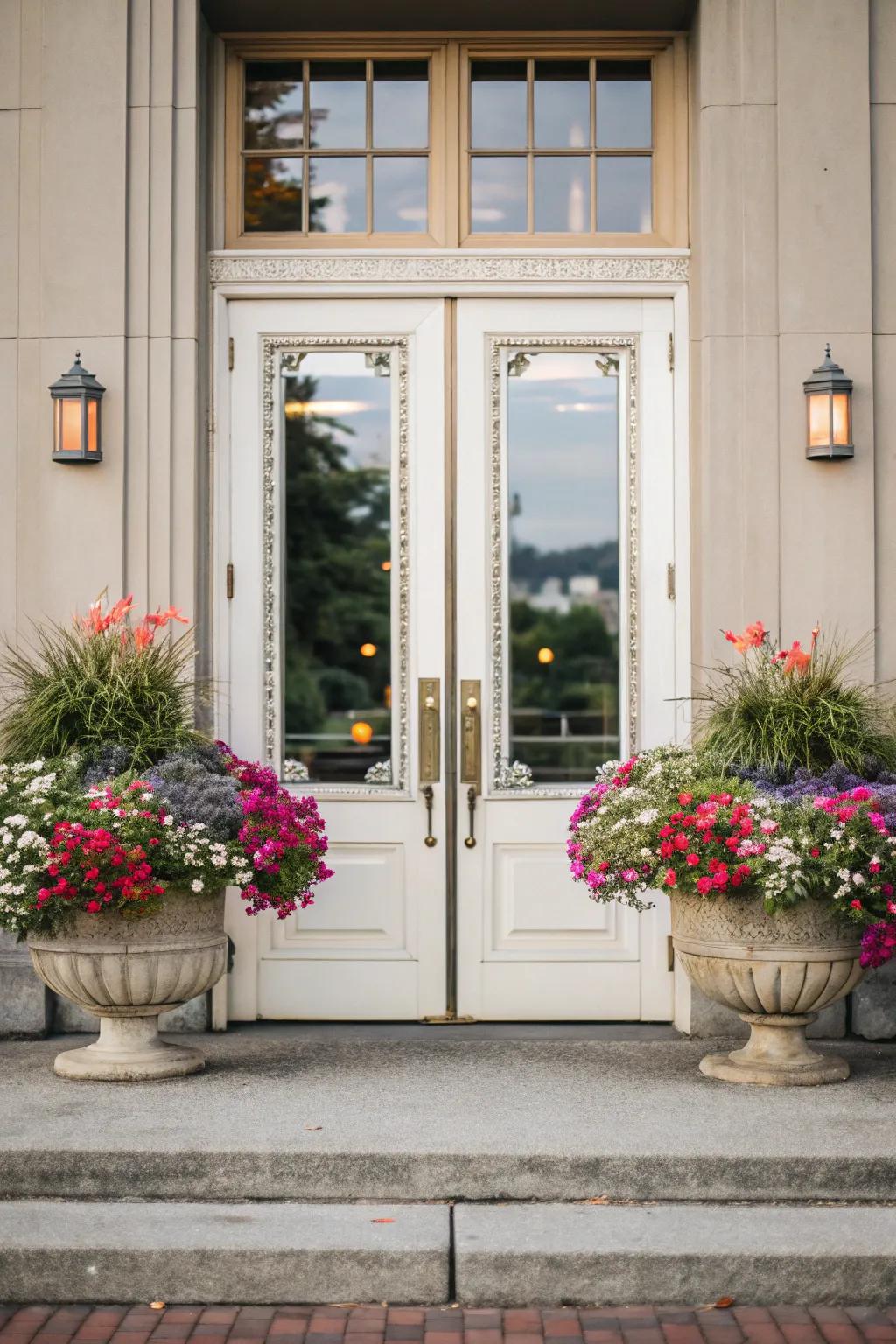 Symmetrical planters flank the double front doors, creating a balanced and welcoming look.