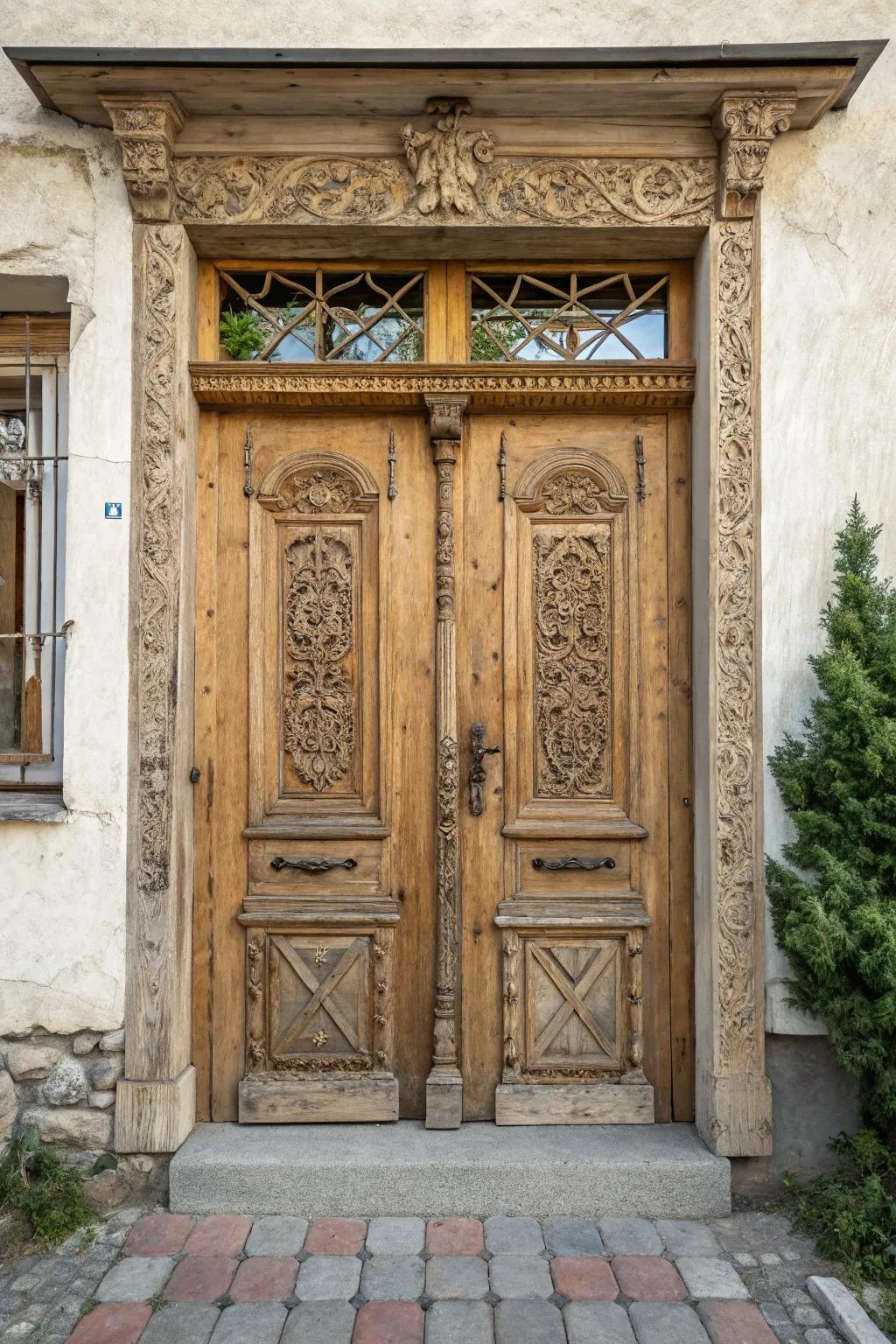 Rustic wooden accents harmonize with the double front doors, enhancing their charm.