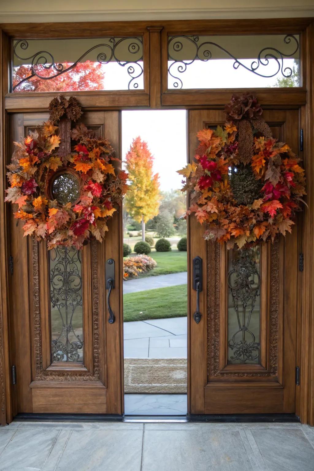 Autumnal wreaths adorn double front doors, offering a warm seasonal welcome.