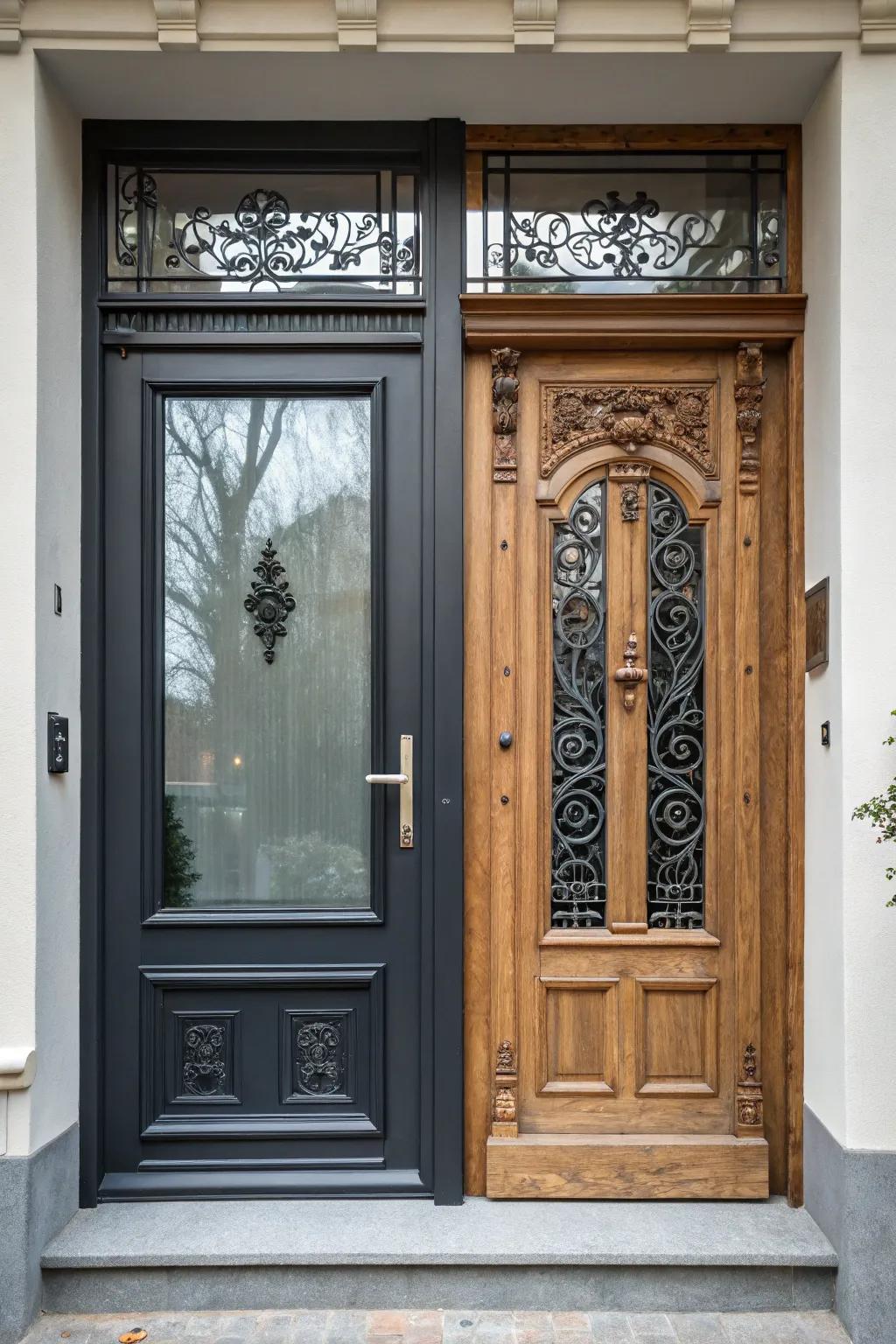 A mix of modern and traditional elements creates a unique aesthetic for the double front porch.