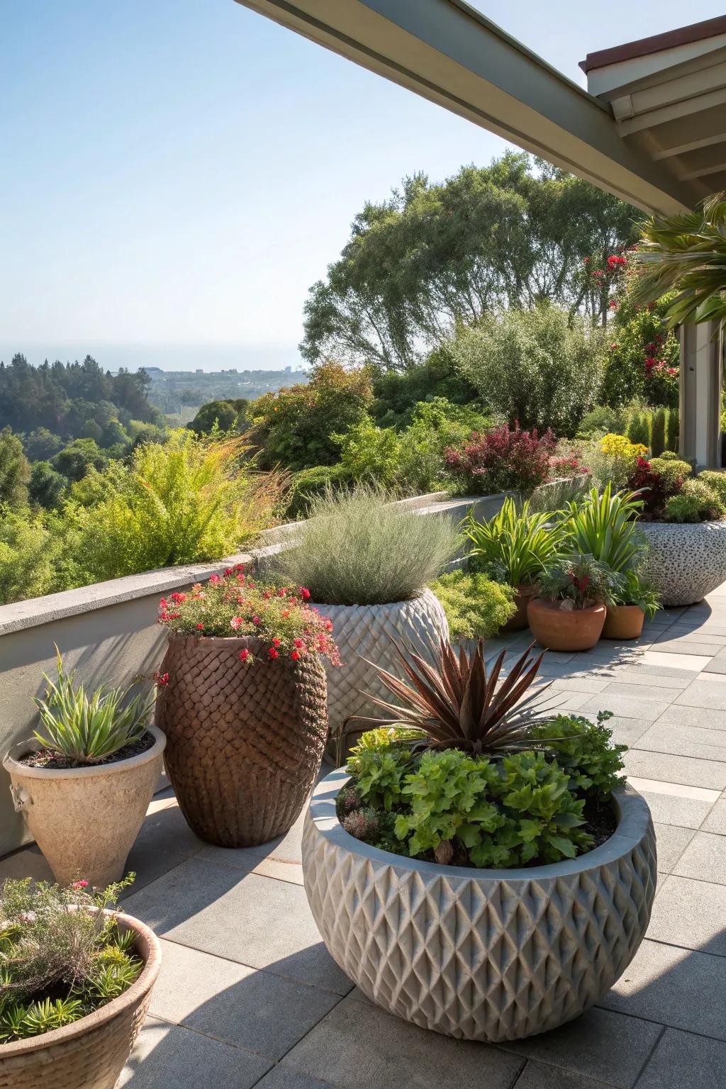 Textured planters add a dynamic element to your patio.