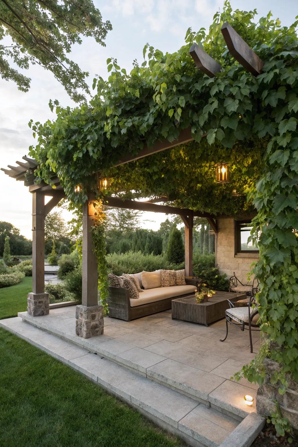 Vines on a pergola create a natural, shaded canopy.